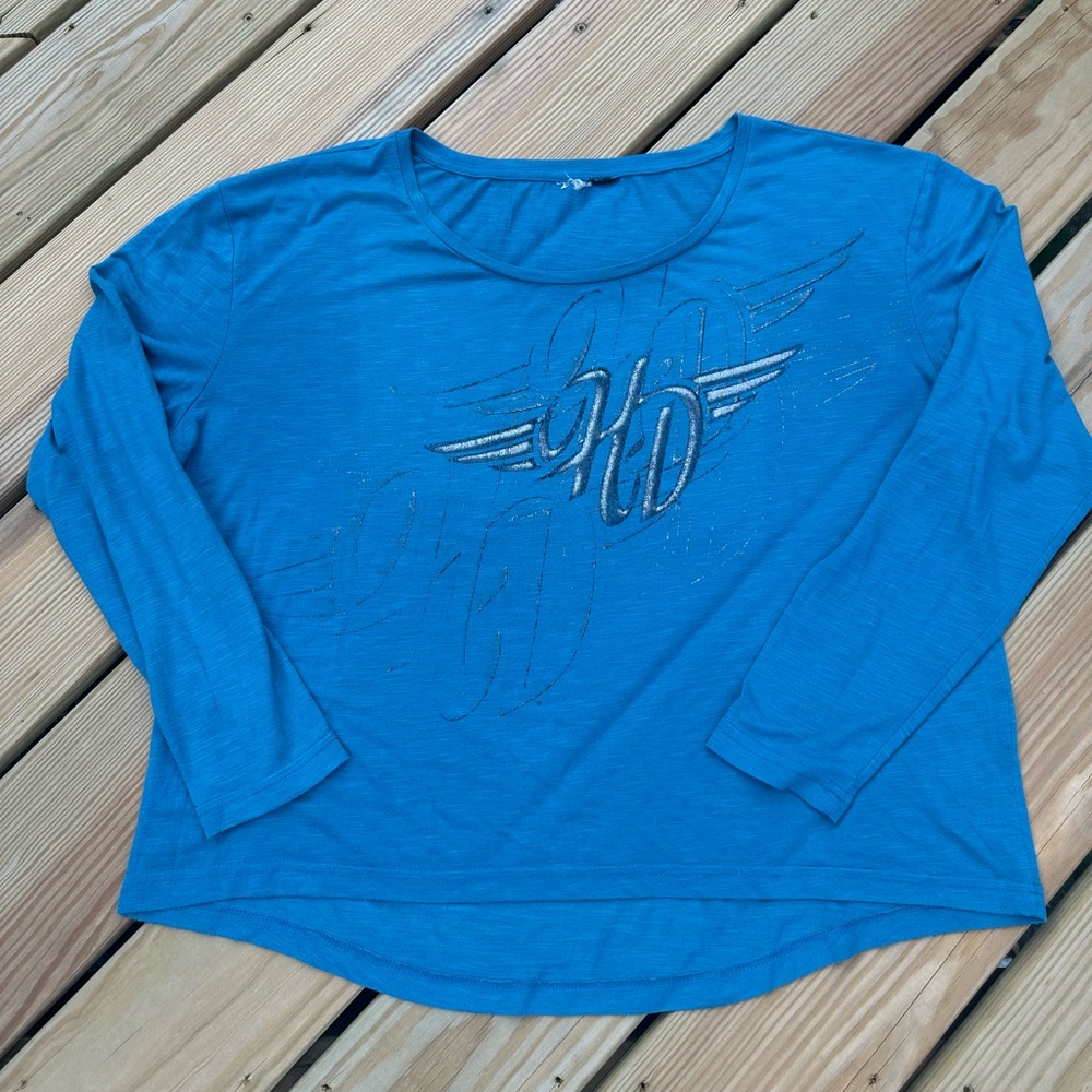Harley Davidson Blue long sleeve graphic tee with silver accents size XL